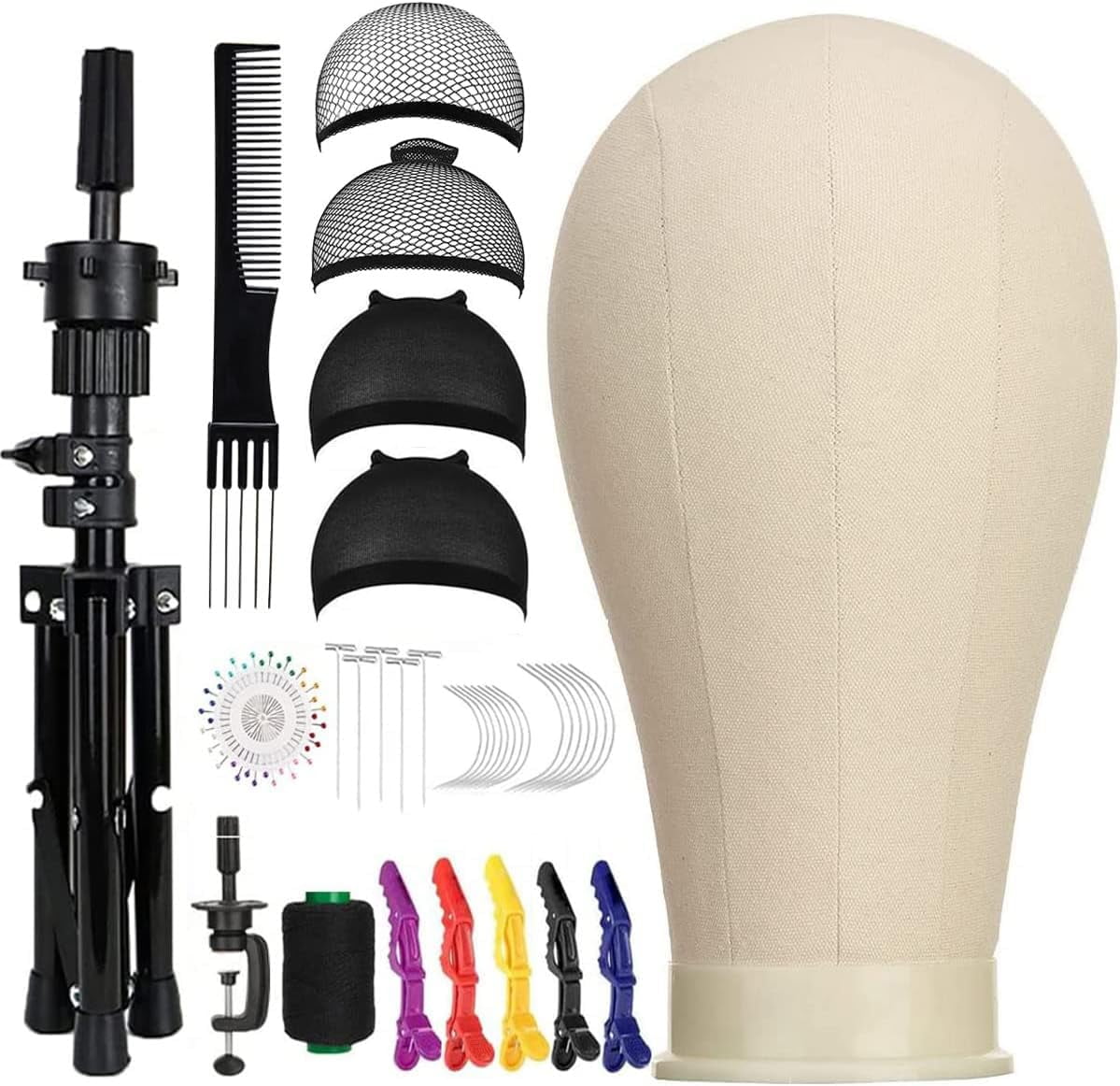 23 Inch Canvas Block Wig Head, Wig Stand Tripod with Head, Mannequin Head for Wigs, Manikin Head Block for Wigs Making Display with Wig Caps, T Pins C Bristle Brush