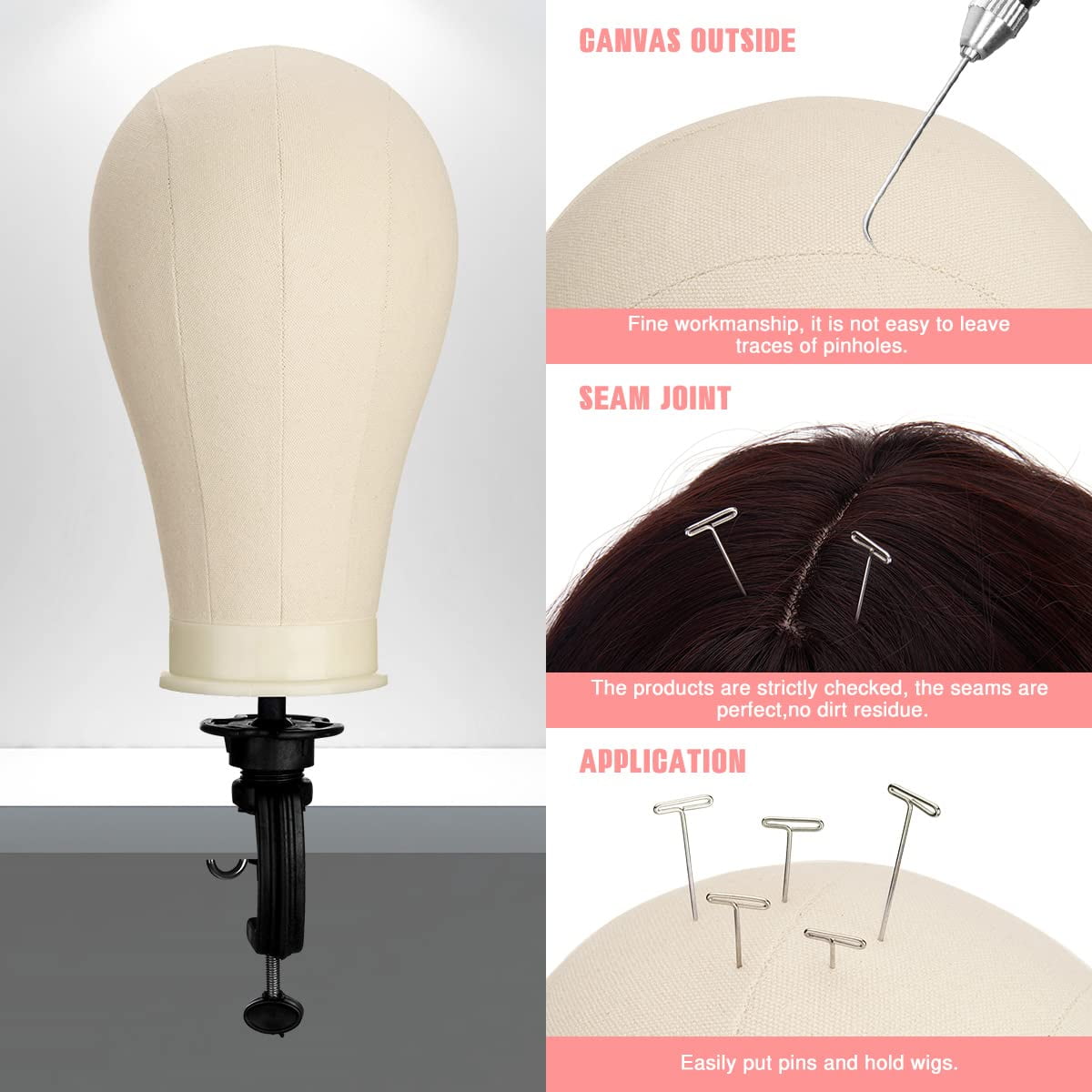 23 Inch Canvas Block Wig Head, Wig Stand Tripod with Head, Mannequin Head for Wigs, Manikin Head Block for Wigs Making Display with Wig Caps, T Pins C Bristle Brush