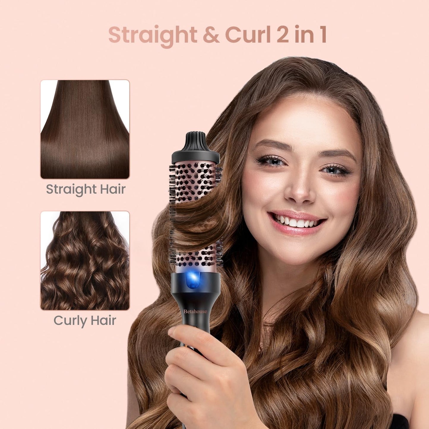 Thermal Brush Curling Iron Brush for Blowout Look, Heated Round Brush Hair Straightening Curling Styling, 9 Heat Temps Hot Ionic Hair Curler 1.5 Inch Dual Voltage for Traveling, Easy to Use