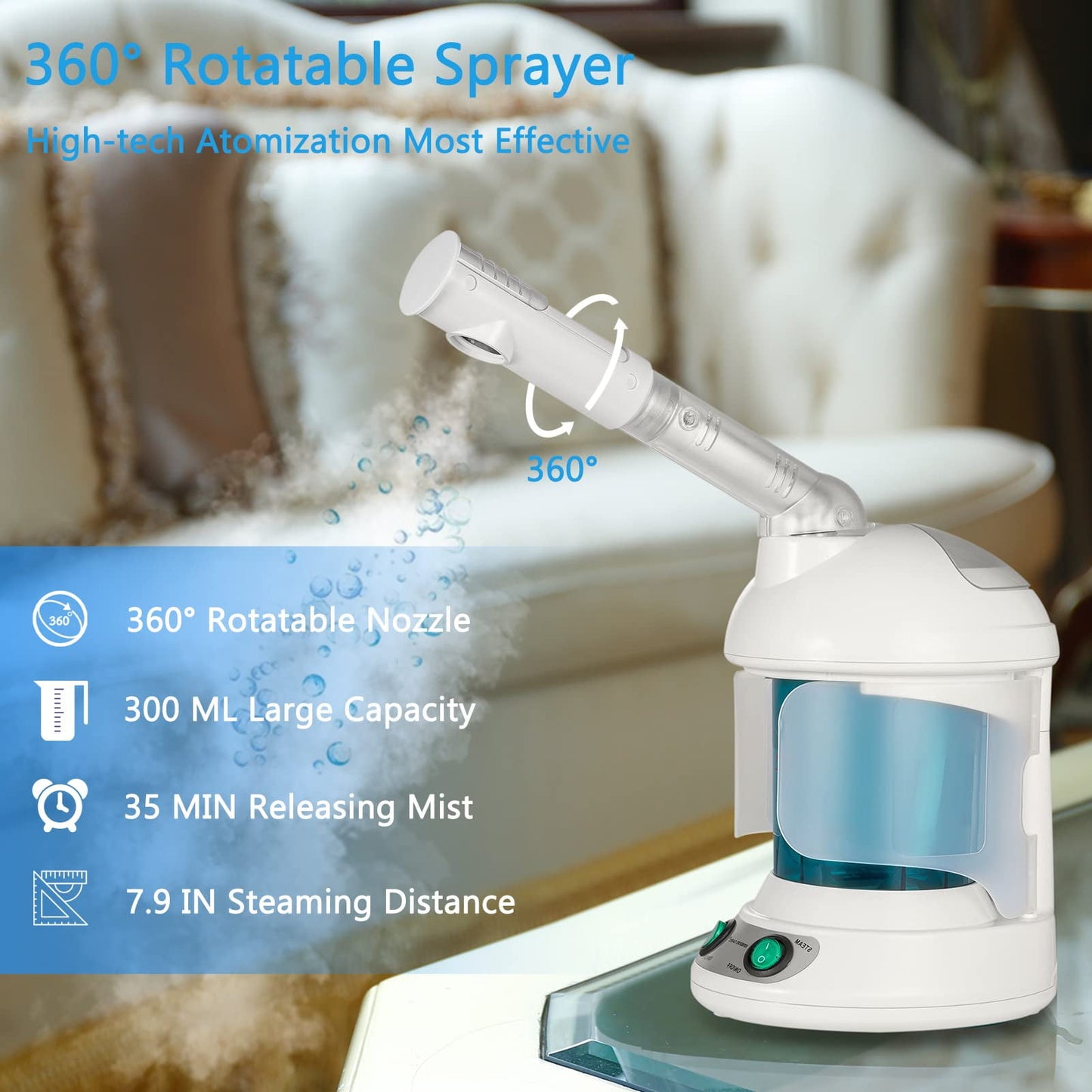 Facial Steamer Warm Mist Face Steamer Professional Hot Mist Moisturizing Nano Ionic Table Top Mini Steamer Spa 360° Rotatable Hydration System Sprayer Hydration Use at Home Sauna Spa or Salon