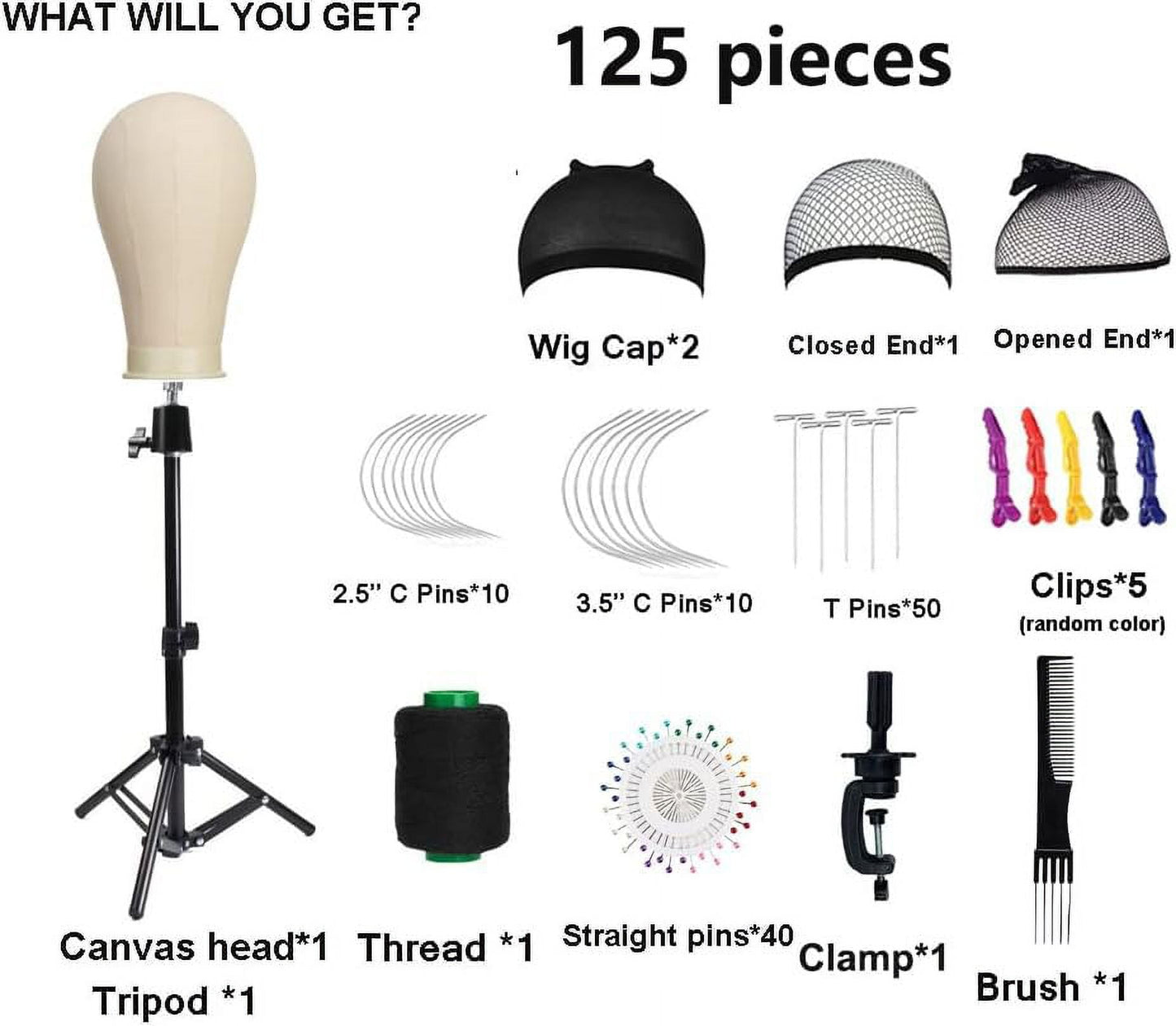23 Inch Canvas Block Wig Head, Wig Stand Tripod with Head, Mannequin Head for Wigs, Manikin Head Block for Wigs Making Display with Wig Caps, T Pins C Bristle Brush