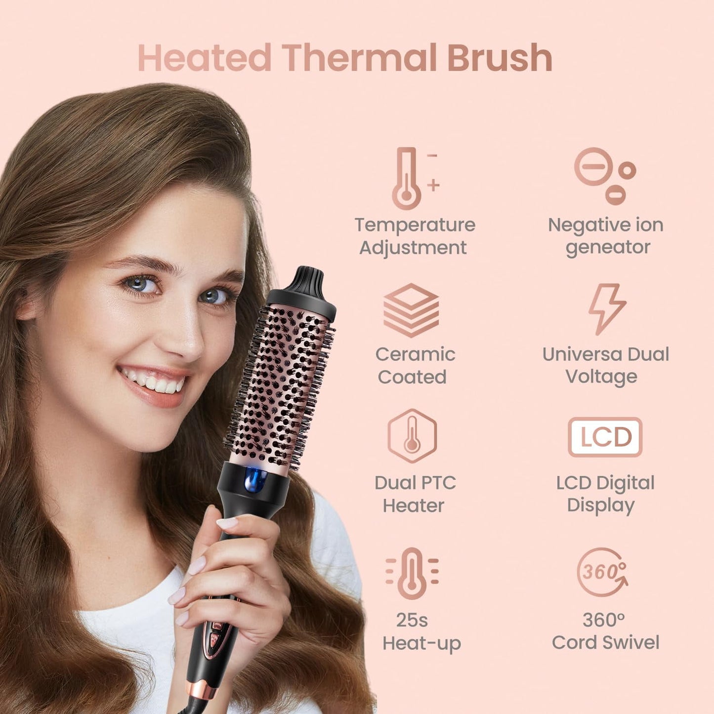 Thermal Brush Curling Iron Brush for Blowout Look, Heated Round Brush Hair Straightening Curling Styling, 9 Heat Temps Hot Ionic Hair Curler 1.5 Inch Dual Voltage for Traveling, Easy to Use