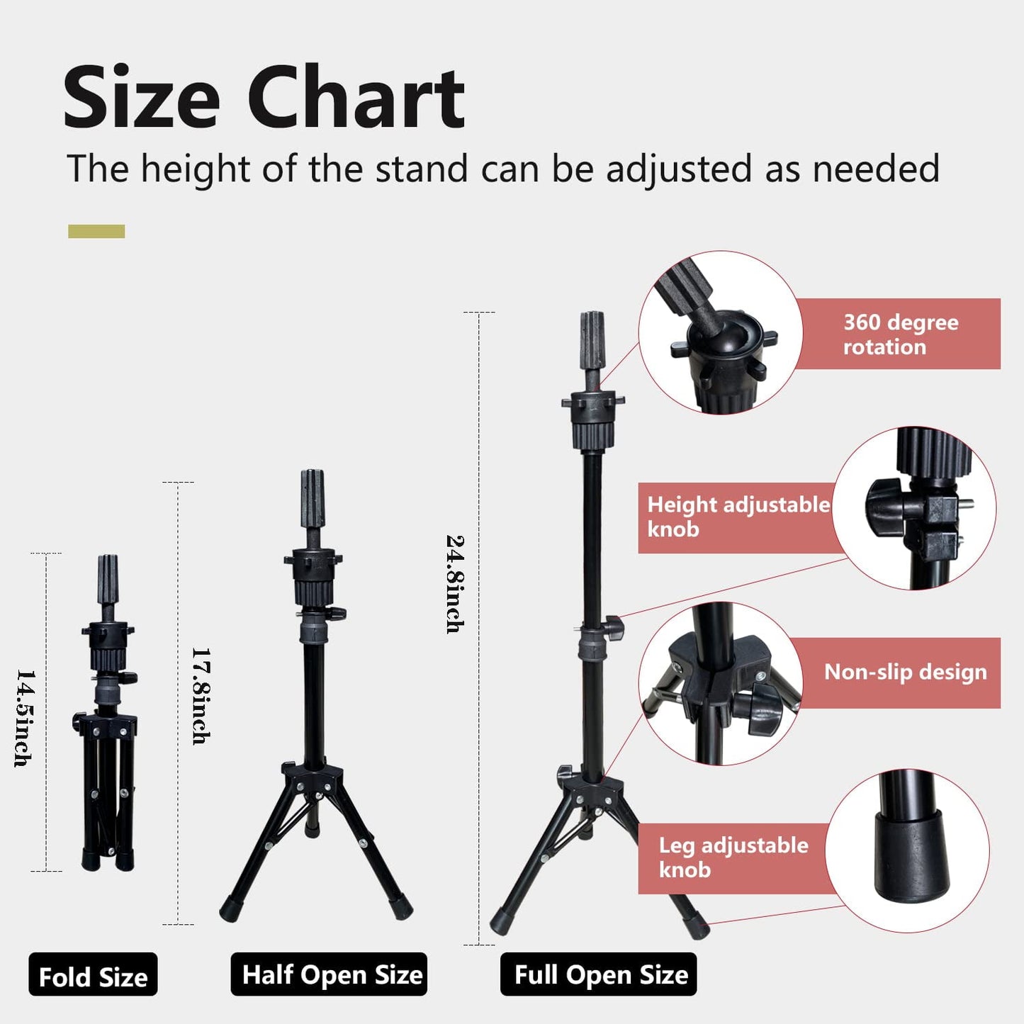 23 Inch Canvas Block Wig Head, Wig Stand Tripod with Head, Mannequin Head for Wigs, Manikin Head Block for Wigs Making Display with Wig Caps, T Pins C Bristle Brush