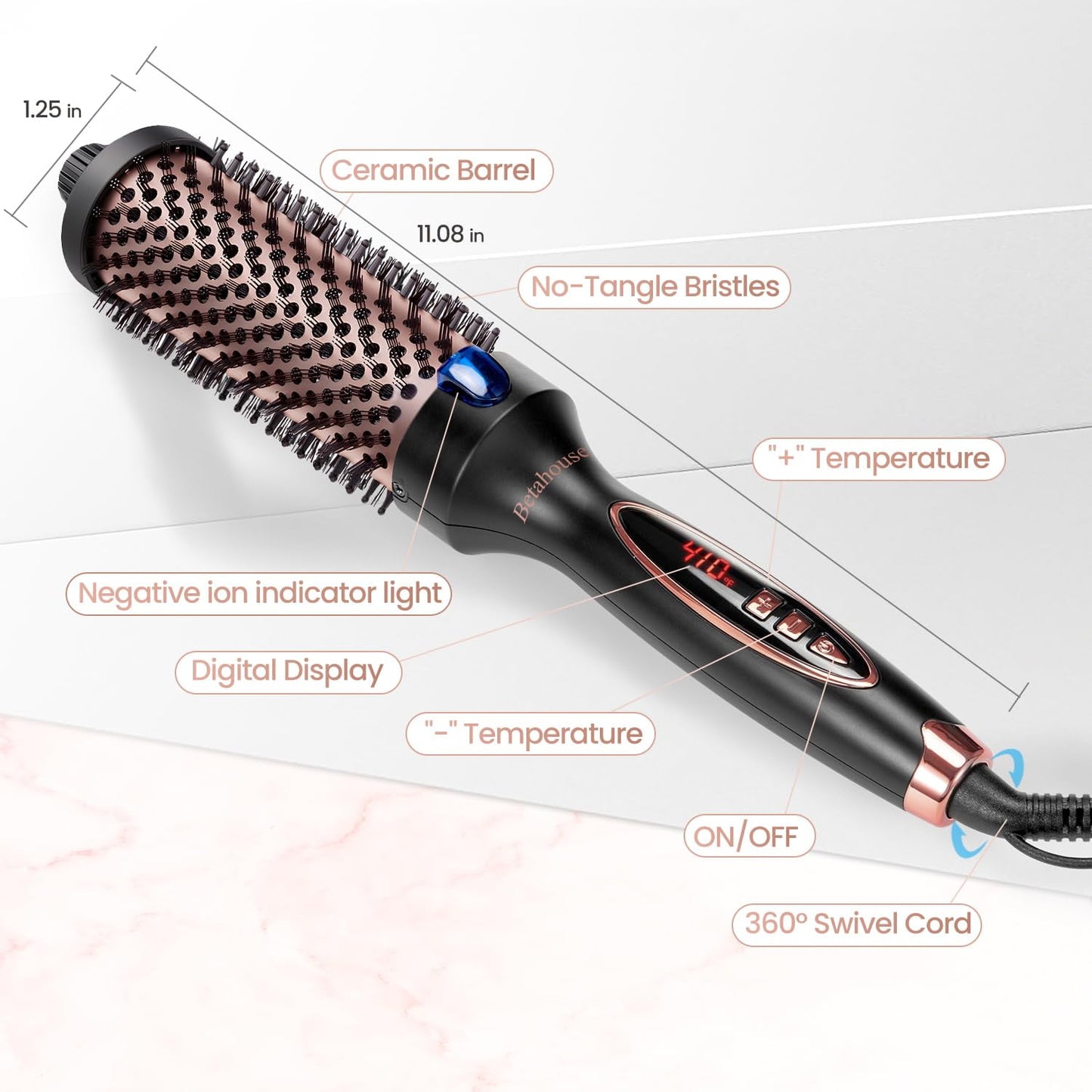 Thermal Brush Curling Iron Brush for Blowout Look, Heated Round Brush Hair Straightening Curling Styling, 9 Heat Temps Hot Ionic Hair Curler 1.5 Inch Dual Voltage for Traveling, Easy to Use