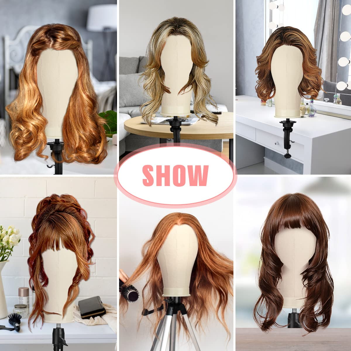 23 Inch Canvas Block Wig Head, Wig Stand Tripod with Head, Mannequin Head for Wigs, Manikin Head Block for Wigs Making Display with Wig Caps, T Pins C Bristle Brush