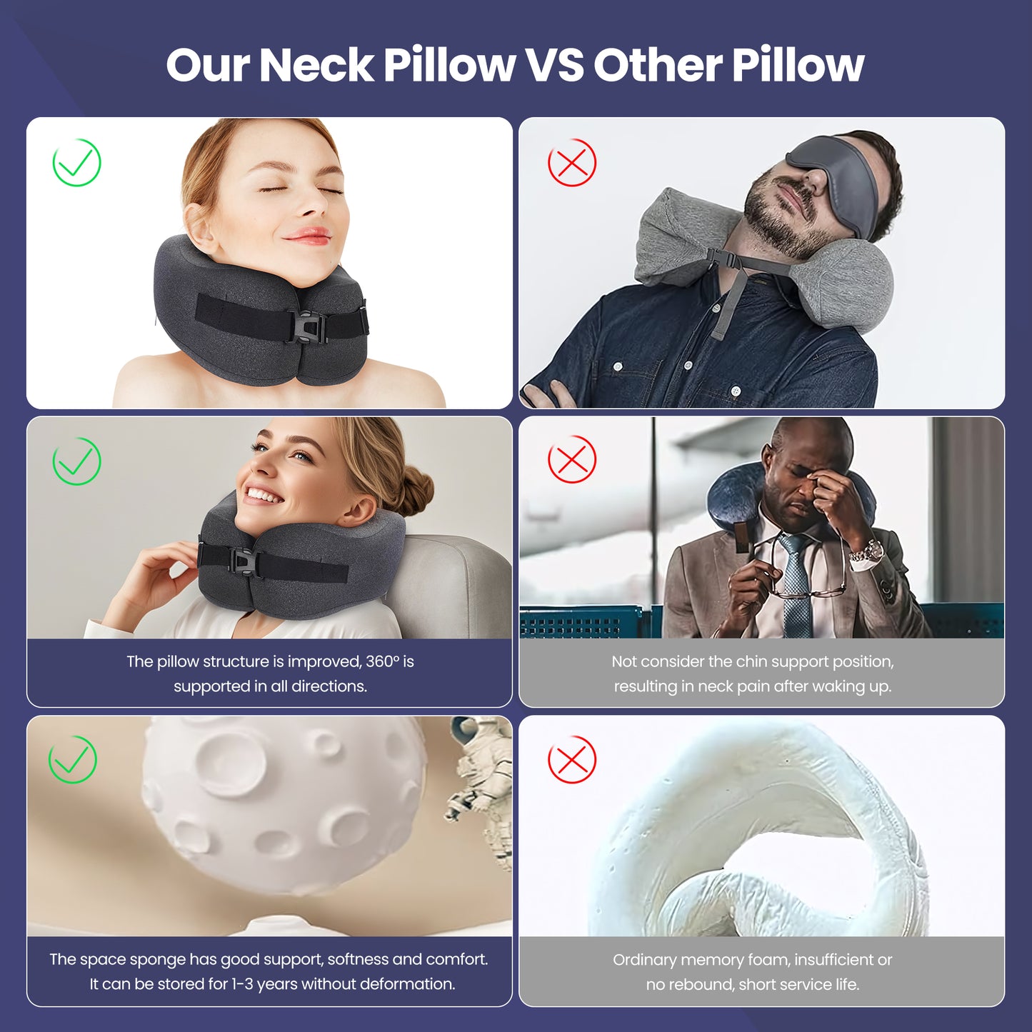 Ouwald Travel Pillow, Memory Foam Neck Pillow for Traveling, Comfortable Neck Support Airplane Pillow for Sleeping, Long Flight, Washable Cover, Black