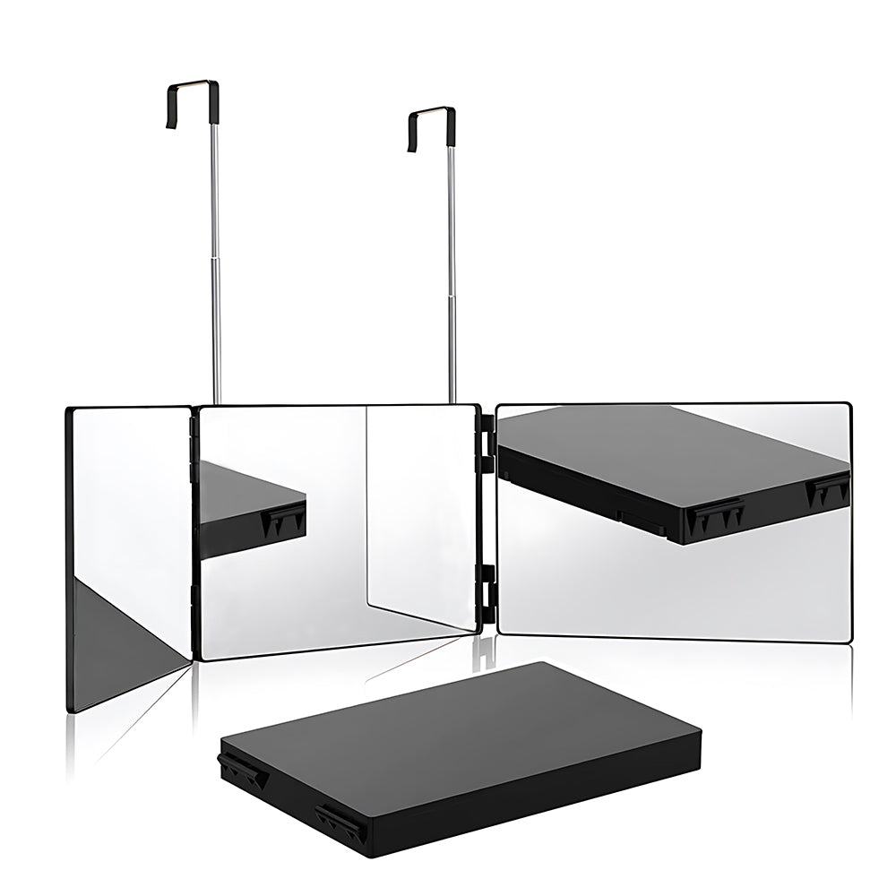 Ouwald 3 Way Mirror, 360° 3 Way Trifold Haircut Mirror with Height Adjustable Telescoping Hooks for Makeup, Hair Styling, Shaving, Grooming, Dye Hair, Self Hair Cutting (Black)
