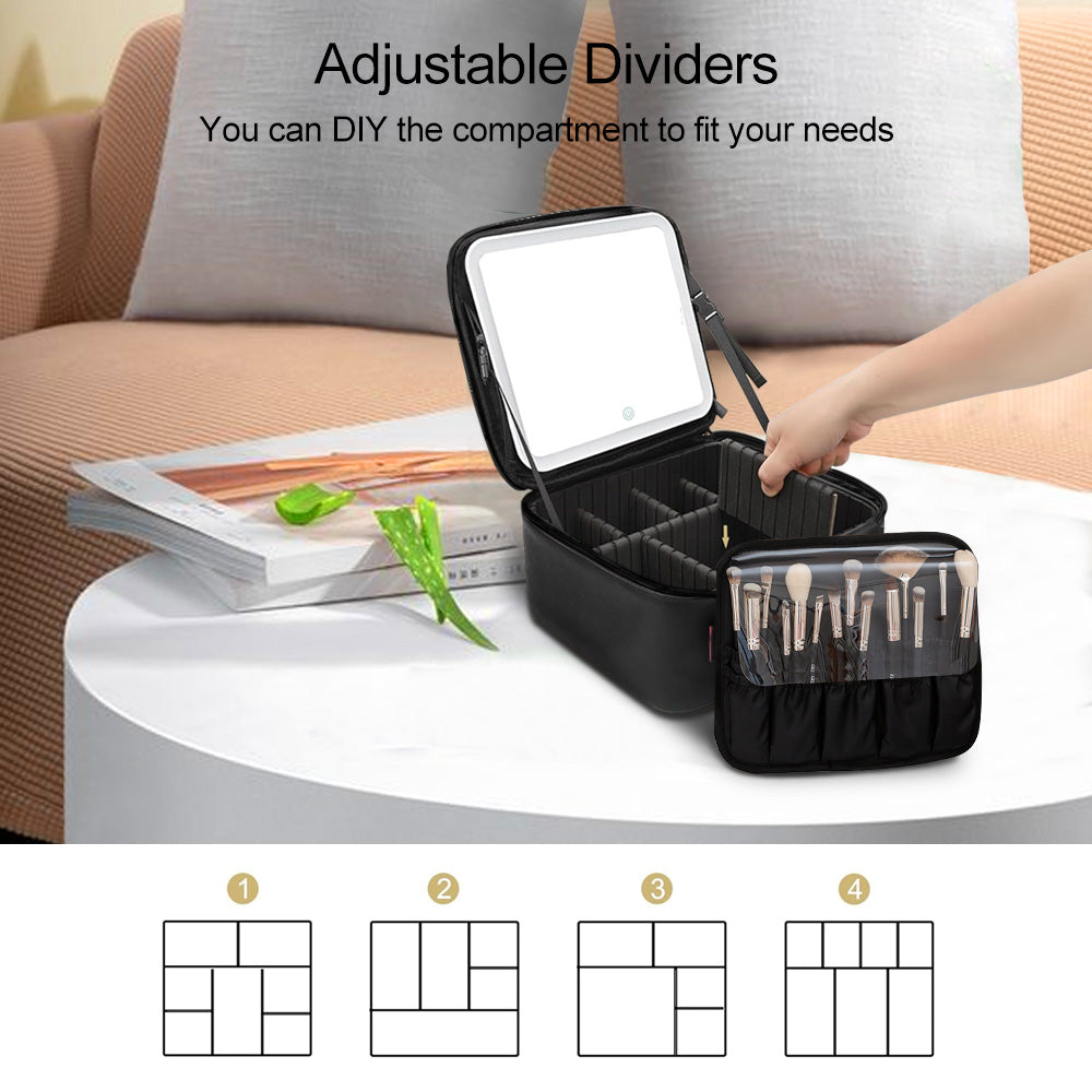 Ouwald Travel Makeup Bag with LED Lighted Mirror, Make up Bag with Adjustable 3 Color Setting, Makeup Organizer Box with Adjustable Dividers for Women Beauty Gift, Rechargeable Makeup Case (Black)