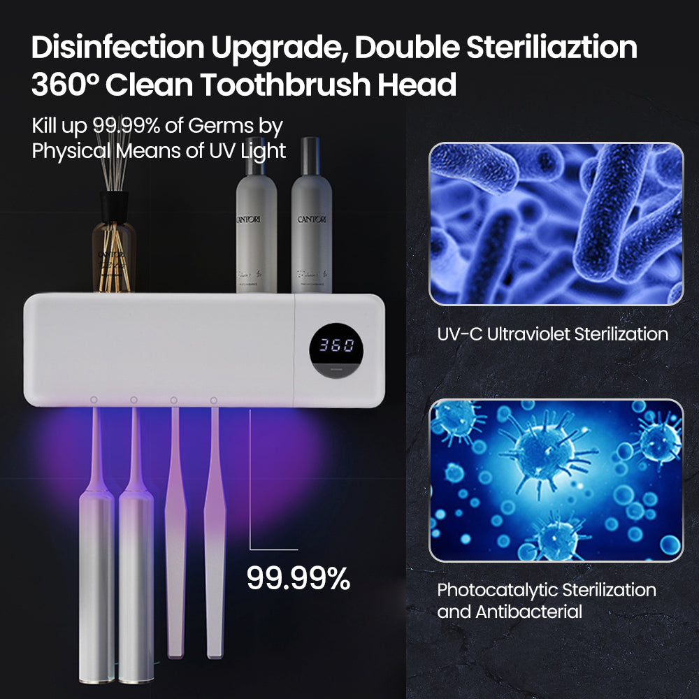 Ouwald UV Toothbrush Sanitizer, 4 Slots Fan Drying Function and Drill-Free Toothbrush Sanitizer and Holder, Rechargeable UV Toothbrush Sterilizer Bathroom Toothbrush Holder Wall Mounted for Family Use