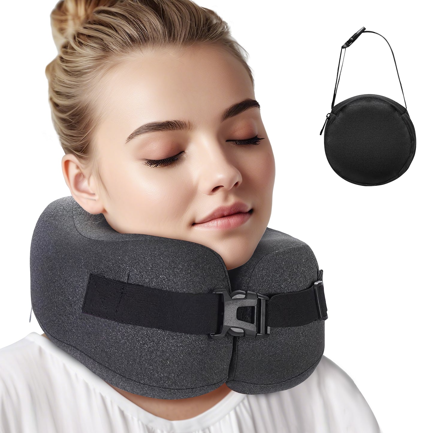 Ouwald Travel Pillow, Memory Foam Neck Pillow for Traveling, Comfortable Neck Support Airplane Pillow for Sleeping, Long Flight, Washable Cover, Black