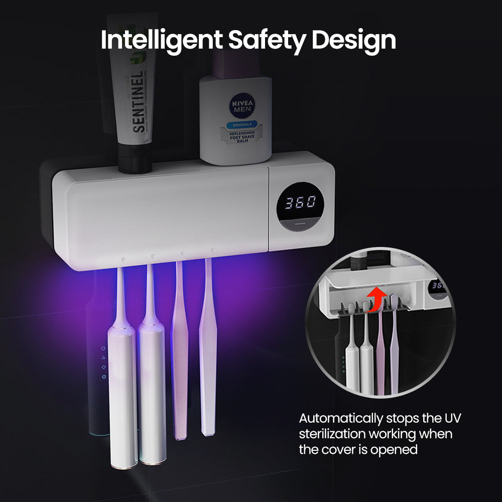 Ouwald UV Toothbrush Sanitizer, 4 Slots Fan Drying Function and Drill-Free Toothbrush Sanitizer and Holder, Rechargeable UV Toothbrush Sterilizer Bathroom Toothbrush Holder Wall Mounted for Family Use