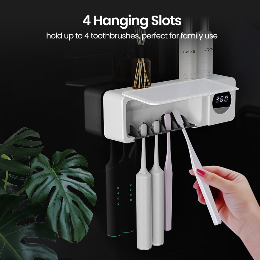 Ouwald UV Toothbrush Sanitizer, 4 Slots Fan Drying Function and Drill-Free Toothbrush Sanitizer and Holder, Rechargeable UV Toothbrush Sterilizer Bathroom Toothbrush Holder Wall Mounted for Family Use