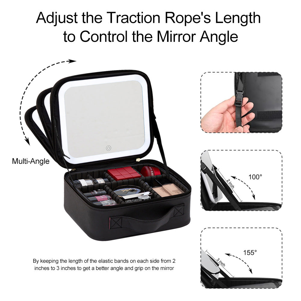 Ouwald Travel Makeup Bag with LED Lighted Mirror, Make up Bag with Adjustable 3 Color Setting, Makeup Organizer Box with Adjustable Dividers for Women Beauty Gift, Rechargeable Makeup Case (Black)