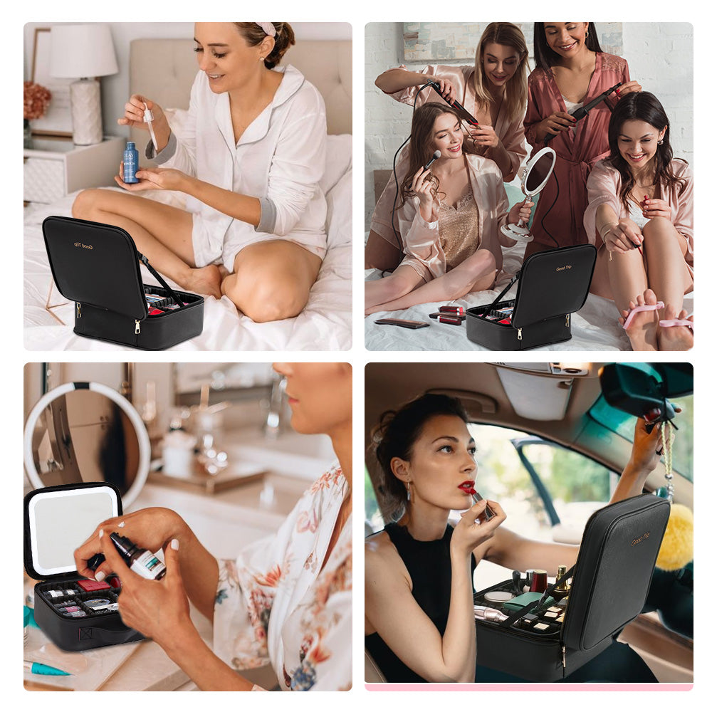 Ouwald Travel Makeup Bag with LED Lighted Mirror, Make up Bag with Adjustable 3 Color Setting, Makeup Organizer Box with Adjustable Dividers for Women Beauty Gift, Rechargeable Makeup Case (Black)