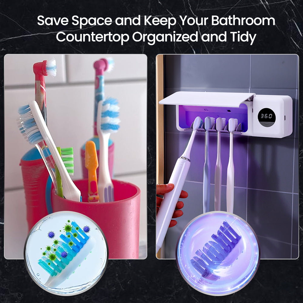 Ouwald UV Toothbrush Sanitizer, 4 Slots Fan Drying Function and Drill-Free Toothbrush Sanitizer and Holder, Rechargeable UV Toothbrush Sterilizer Bathroom Toothbrush Holder Wall Mounted for Family Use