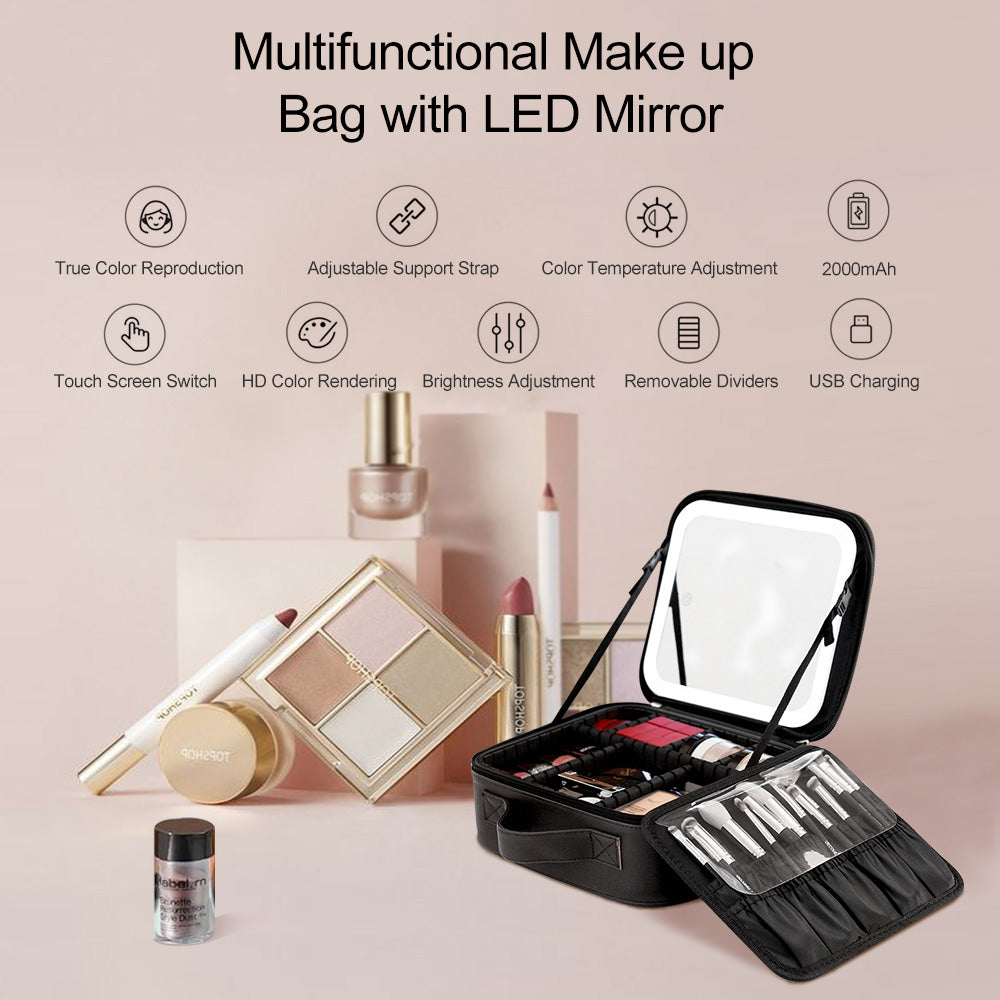 Ouwald Travel Makeup Bag with LED Lighted Mirror, Make up Bag with Adjustable 3 Color Setting, Makeup Organizer Box with Adjustable Dividers for Women Beauty Gift, Rechargeable Makeup Case (Black)