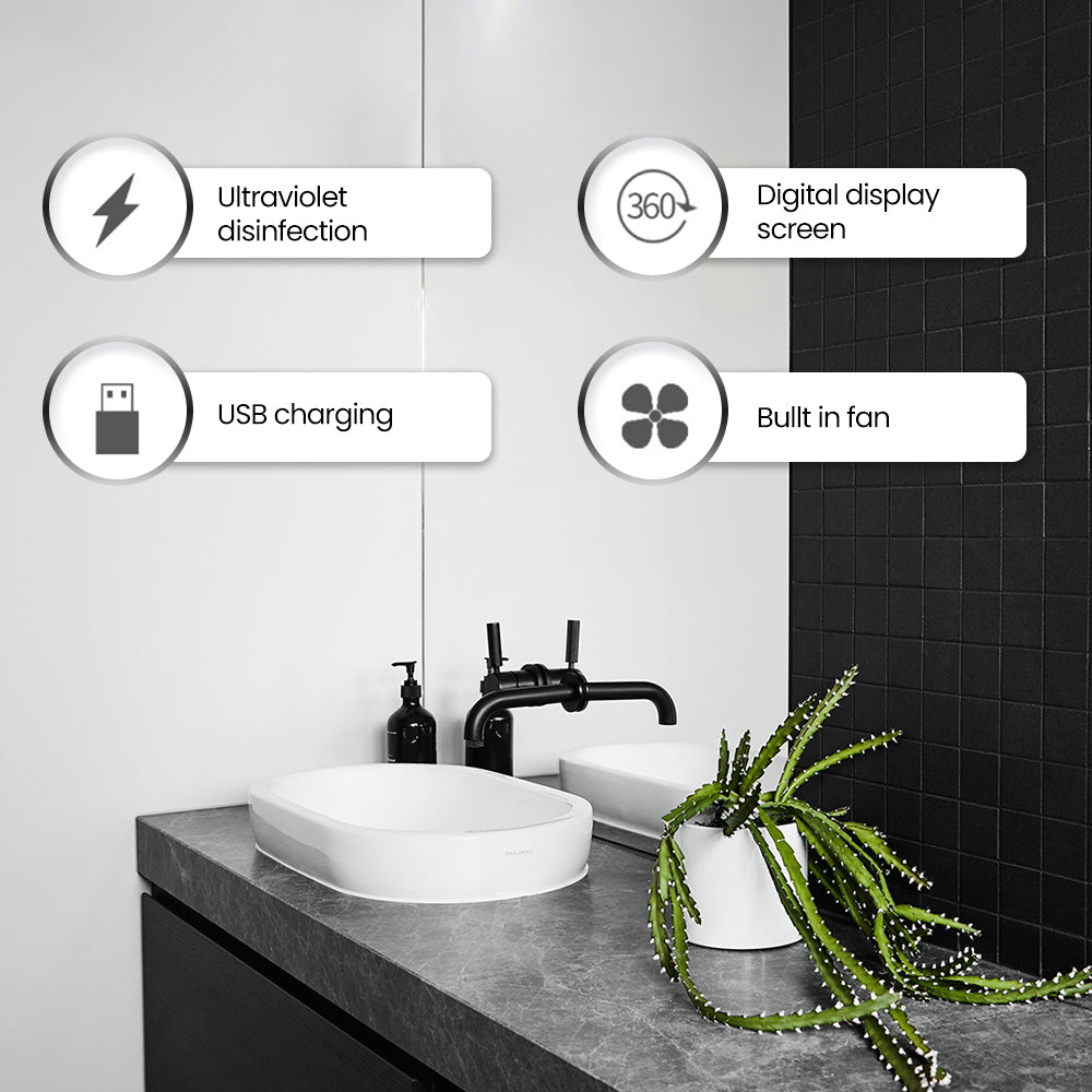 Ouwald UV Toothbrush Sanitizer, 4 Slots Fan Drying Function and Drill-Free Toothbrush Sanitizer and Holder, Rechargeable UV Toothbrush Sterilizer Bathroom Toothbrush Holder Wall Mounted for Family Use