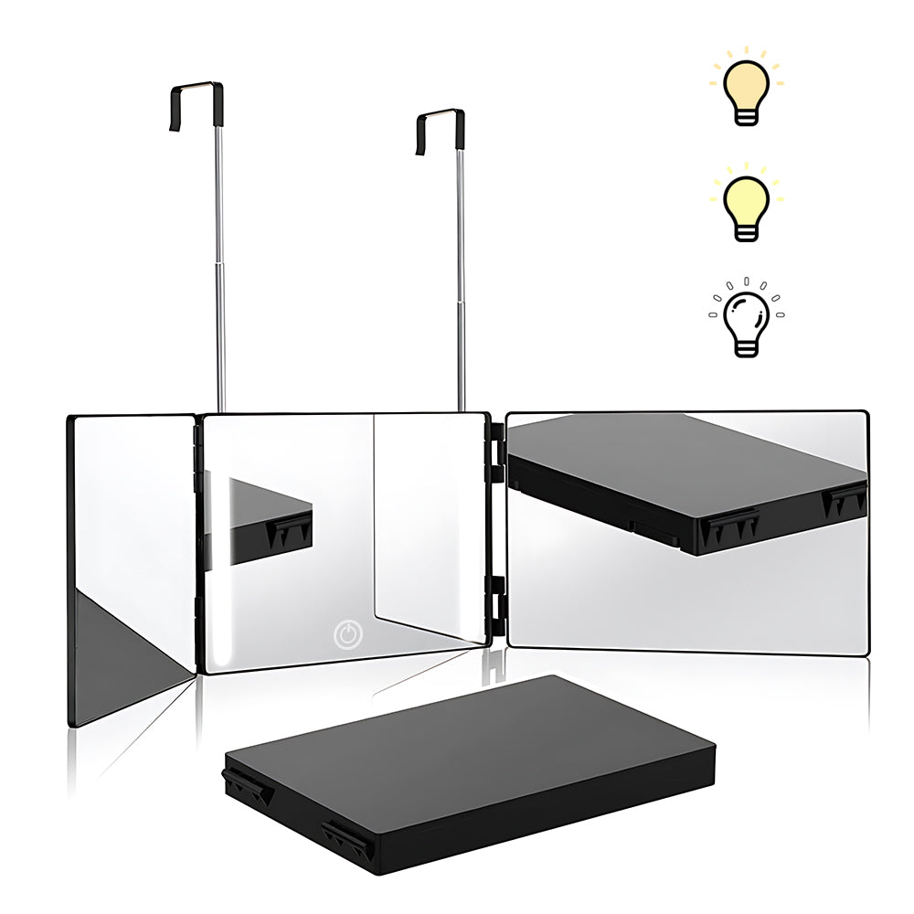 Ouwald 3 Way Mirror with LED Light, 360° 3 Way Trifold Haircut Mirror with Height Adjustable Telescoping Hooks for Makeup, Hair Styling, Shaving, Grooming, Dye Hair, Self Hair Cutting (Black)