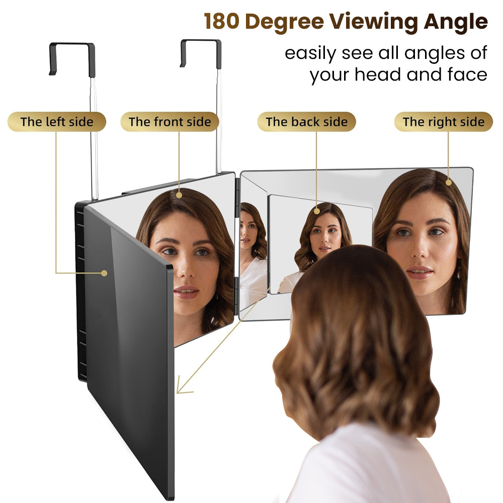 Ouwald 3 Way Mirror, 360° 3 Way Trifold Haircut Mirror with Height Adjustable Telescoping Hooks for Makeup, Hair Styling, Shaving, Grooming, Dye Hair, Self Hair Cutting (Black)