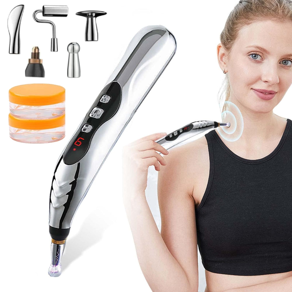 Mieauty 5 In 1 Acupuncture Pen, 5 Heads Electric Meridians Laser Body Massager Acupuncture Pen Therapy Electronic Acupuncture Pen Meridian Energy Heal Massage Pain Relief with 2 Massage gel