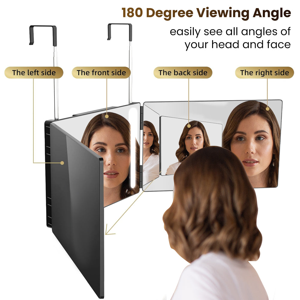 Ouwald 3 Way Mirror with LED Light, 360° 3 Way Trifold Haircut Mirror with Height Adjustable Telescoping Hooks for Makeup, Hair Styling, Shaving, Grooming, Dye Hair, Self Hair Cutting (Black)