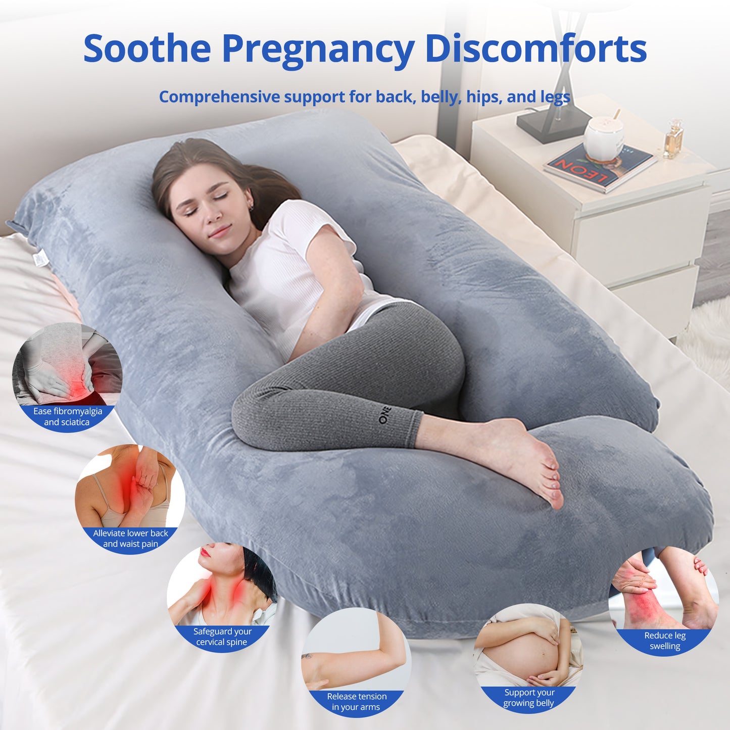 Ouwald Pregnancy Pillow, U Shaped Full Body Maternity Pillows for Sleeping with Removable Cover, 70 inch Grey