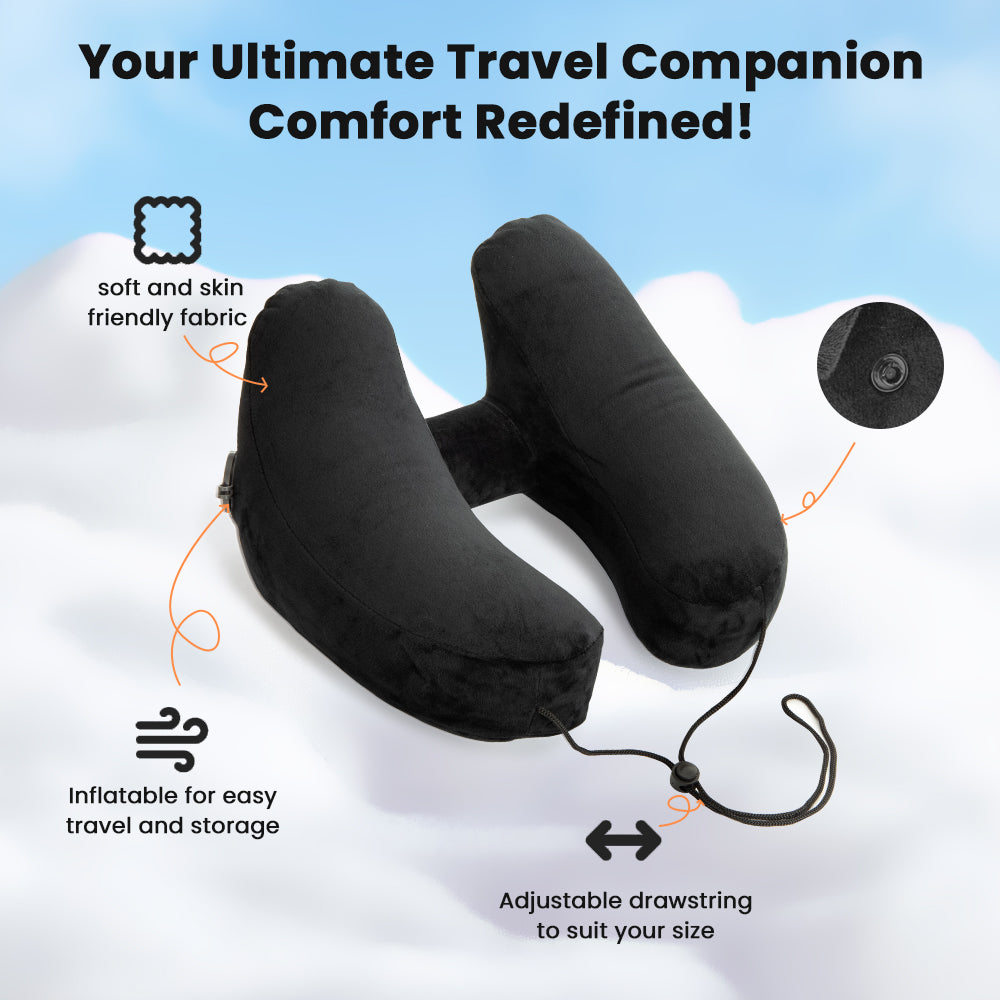 Ouwald Inflatable Travel Pillow - H-Shape Inflatable Neck Pillow for Travel - Neck Support Travel Neck Pillow for Airplane Travel Pillow with Hood Hat, Black
