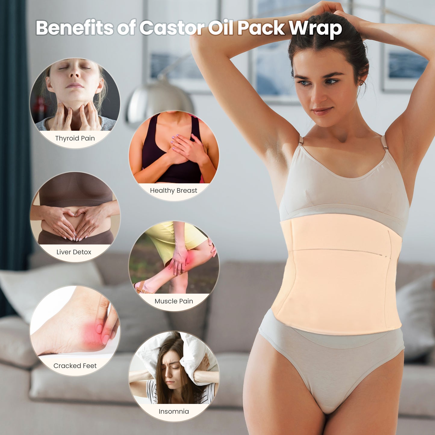 Ouwald Castor Oil Pack Wrap, 9Pcs Reusable Castor Oil Pack Kit for Neck Chest Waist Back Knee and Feet, Waterproof & Anti Oil Leak (Oil Not Included)