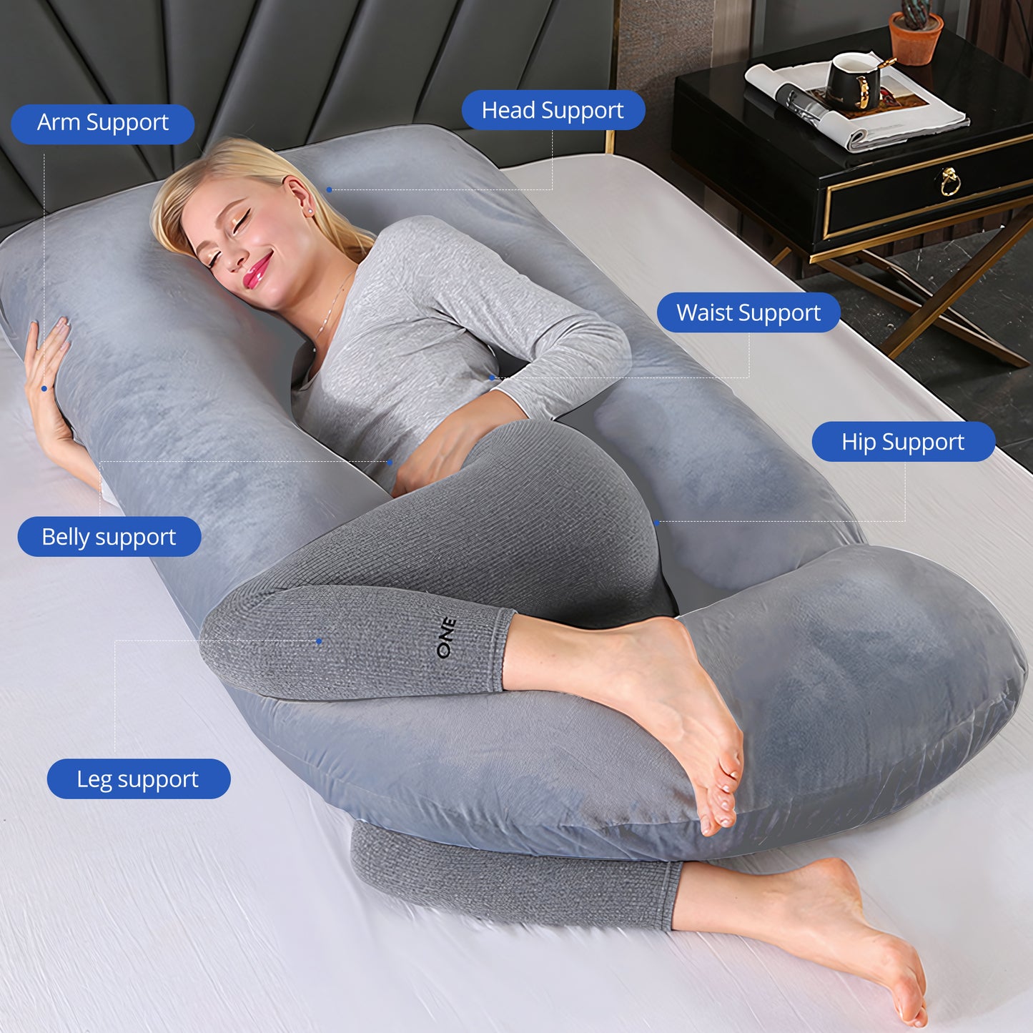 Ouwald Pregnancy Pillow, U Shaped Full Body Maternity Pillows for Sleeping with Removable Cover, 70 inch Grey