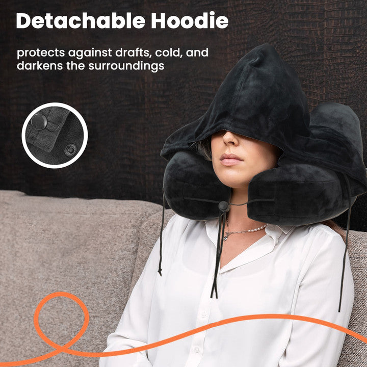 Ouwald Inflatable Travel Pillow - H-Shape Inflatable Neck Pillow for Travel - Neck Support Travel Neck Pillow for Airplane Travel Pillow with Hood Hat, Black
