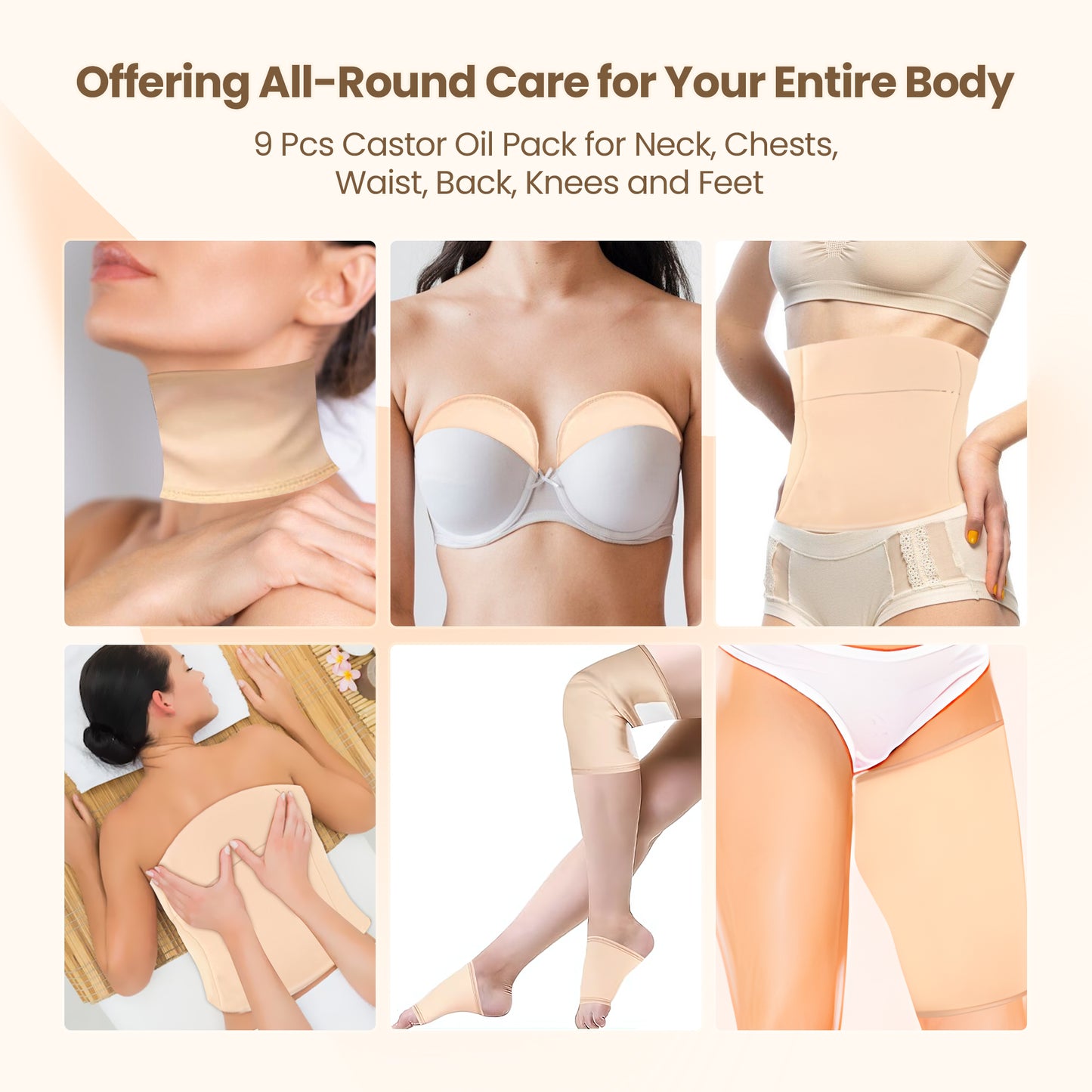 Ouwald Castor Oil Pack Wrap, 9Pcs Reusable Castor Oil Pack Kit for Neck Chest Waist Back Knee and Feet, Waterproof & Anti Oil Leak (Oil Not Included)
