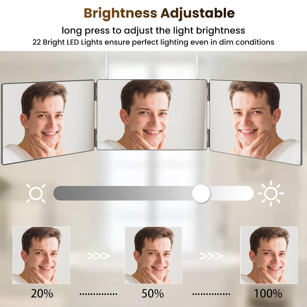 Ouwald 3 Way Mirror, 360° 3 Way Trifold Haircut Mirror with Height Adjustable Telescoping Hooks for Makeup, Hair Styling, Shaving, Grooming, Dye Hair, Self Hair Cutting (Black)