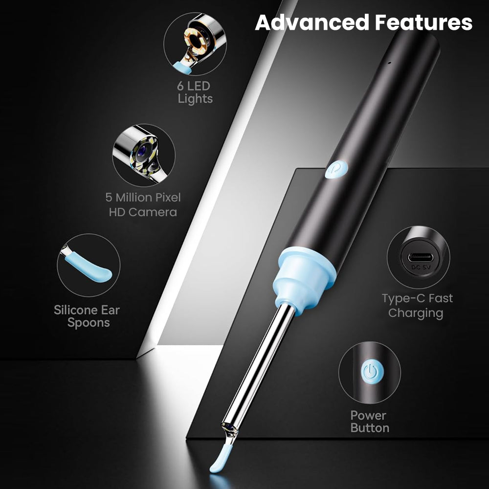 Ouwald Ear Wax Removal Kit, Ear Cleaner with Camera, 5 Megapixels 1080P Ear Scope, Wireless Otoscope Ear Cleaning Kit with Lights and 6 Replaceable Ear Scoops for Ear Cleaning