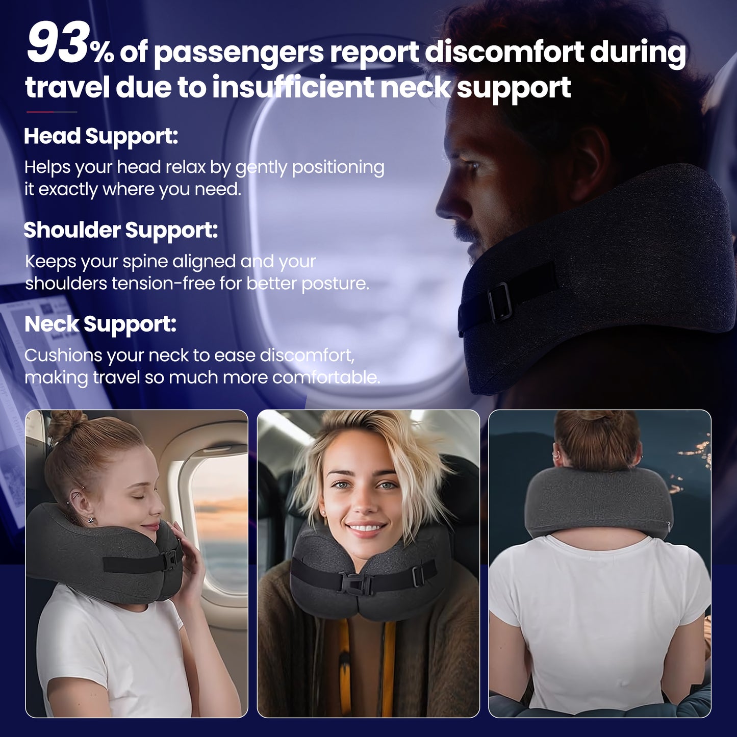 Ouwald Travel Pillow, Memory Foam Neck Pillow for Traveling, Comfortable Neck Support Airplane Pillow for Sleeping, Long Flight, Washable Cover, Black