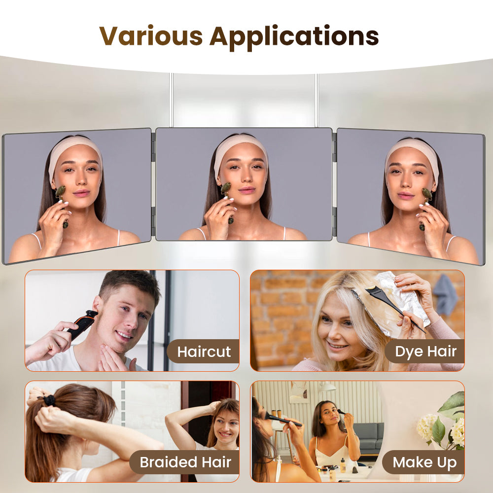 Ouwald 3 Way Mirror, 360° 3 Way Trifold Haircut Mirror with Height Adjustable Telescoping Hooks for Makeup, Hair Styling, Shaving, Grooming, Dye Hair, Self Hair Cutting (Black)