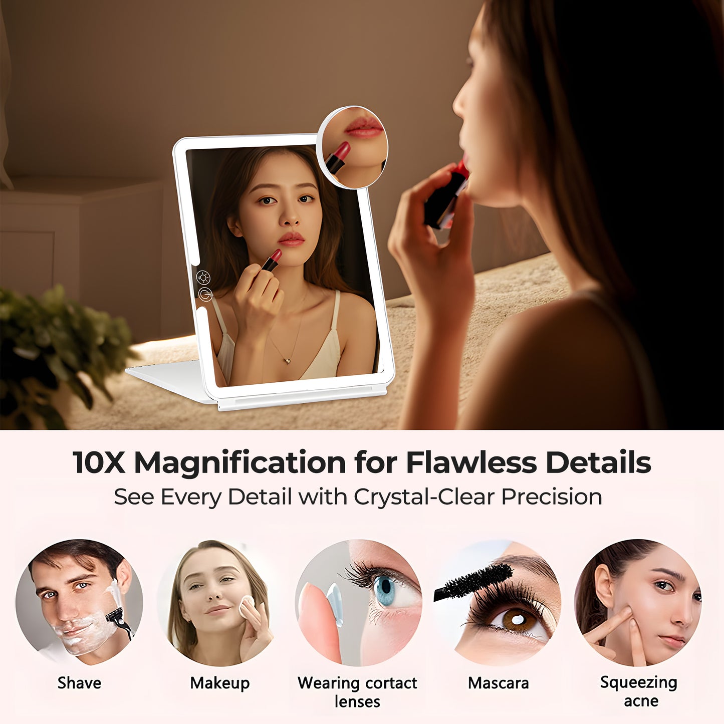 Ouwald Makeup Mirror, 1500mA Rechargeable Vanity Mirror with Lights 92 Led, Portable 10'' Travel Lighted Makeup Mirror with 10X Magnification Mirror, White