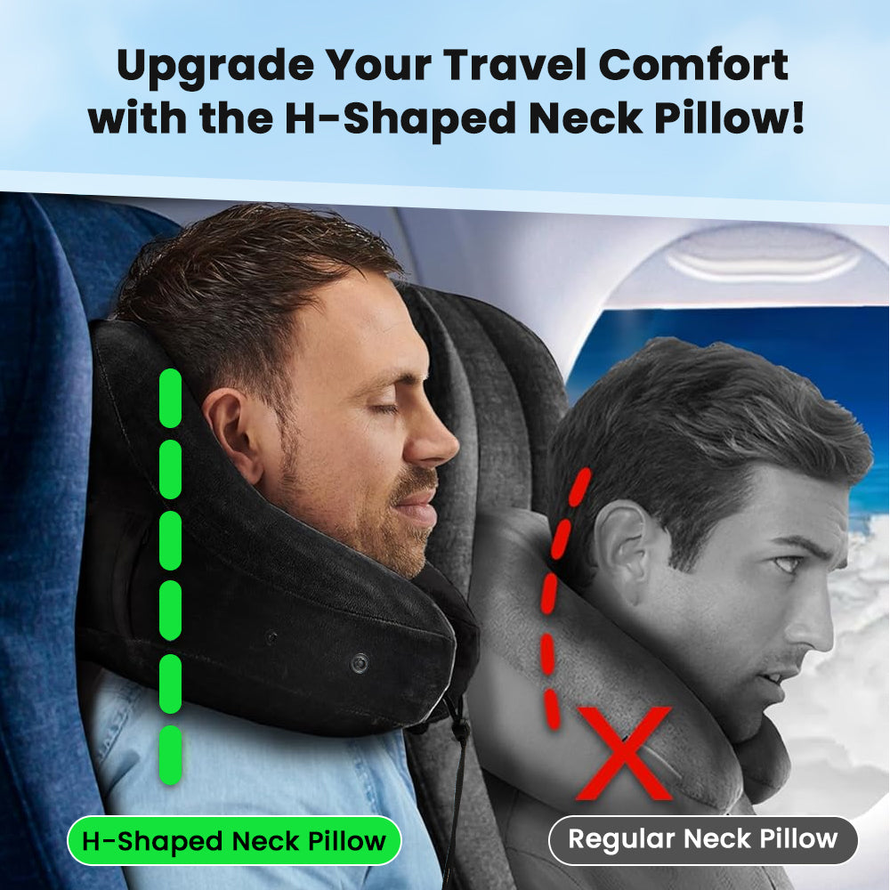 Ouwald Inflatable Travel Pillow - H-Shape Inflatable Neck Pillow for Travel - Neck Support Travel Neck Pillow for Airplane Travel Pillow with Hood Hat, Black