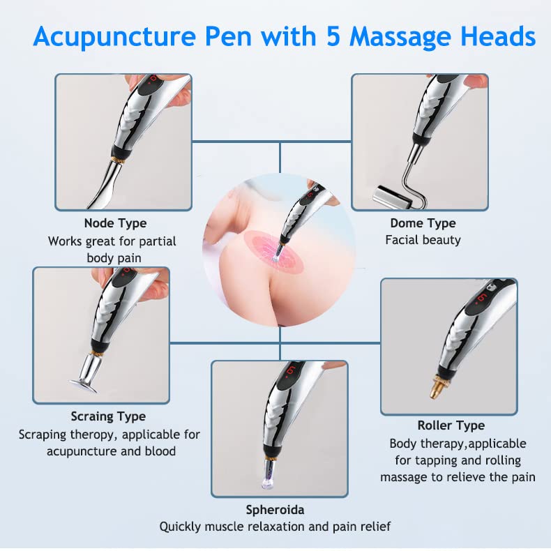 Mieauty 5 In 1 Acupuncture Pen, 5 Heads Electric Meridians Laser Body Massager Acupuncture Pen Therapy Electronic Acupuncture Pen Meridian Energy Heal Massage Pain Relief with 2 Massage gel