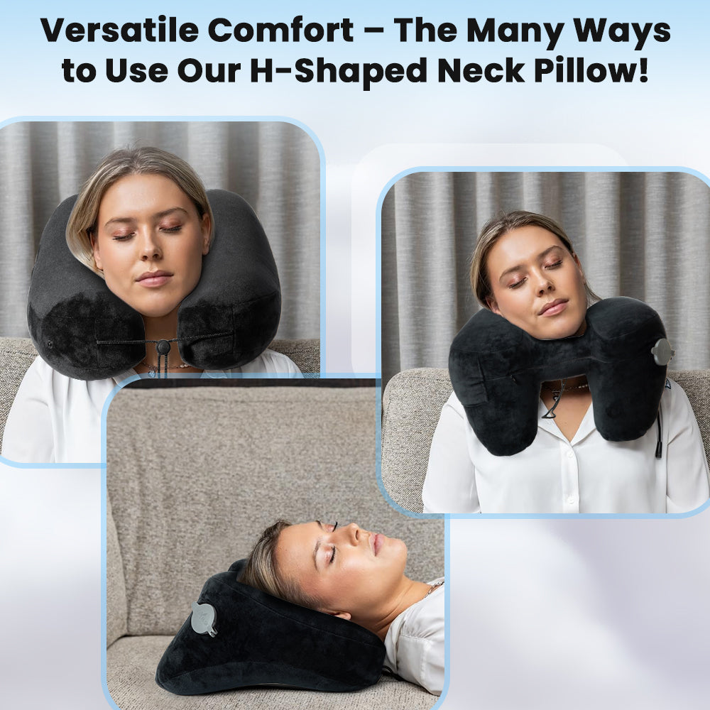 Ouwald Inflatable Travel Pillow - H-Shape Inflatable Neck Pillow for Travel - Neck Support Travel Neck Pillow for Airplane Travel Pillow with Hood Hat, Black