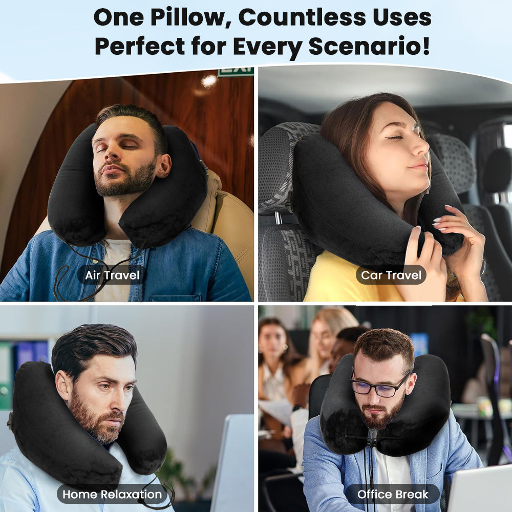 Ouwald Inflatable Travel Pillow - H-Shape Inflatable Neck Pillow for Travel - Neck Support Travel Neck Pillow for Airplane Travel Pillow with Hood Hat, Black