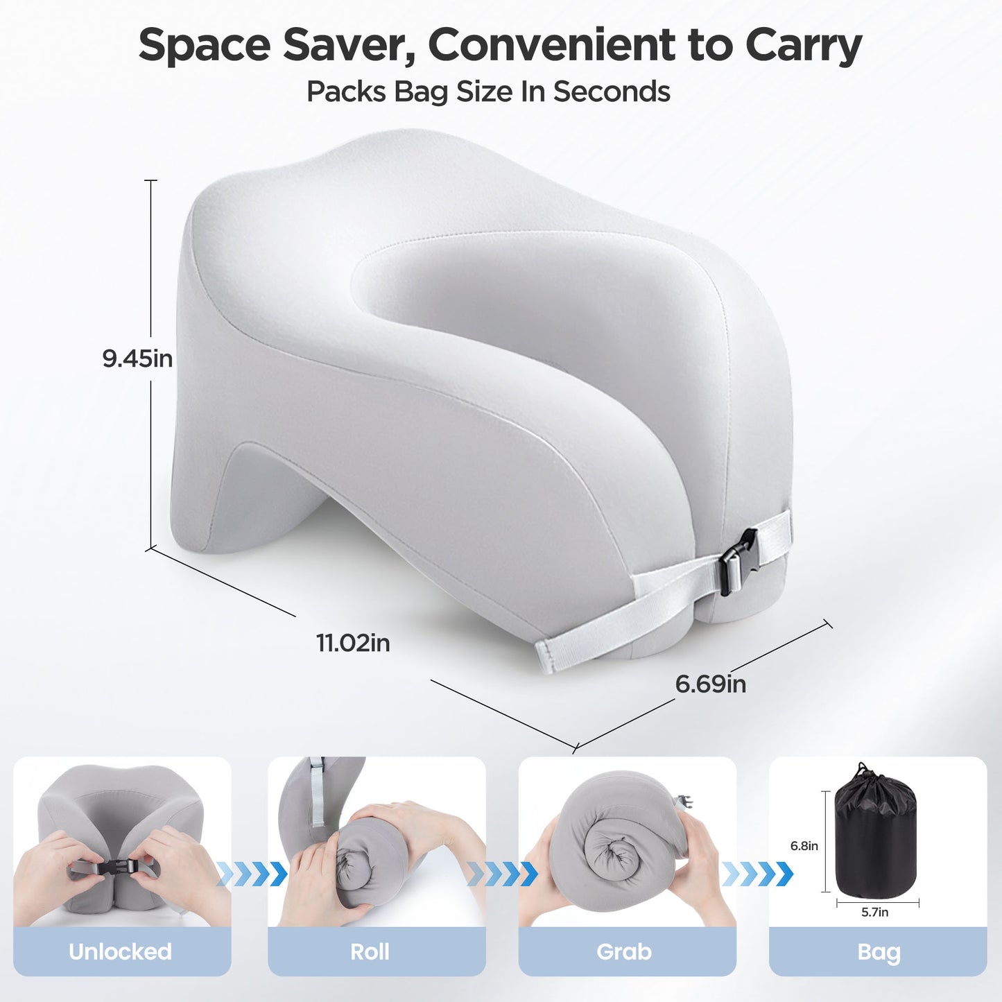 Ouwald Travel Pillow, Memory Foam Travel Neck Pillow, 360° Head & Neck Support Neck Pillow for Traveling, Car, Home, Airplane Pillow Sleeping, Grey