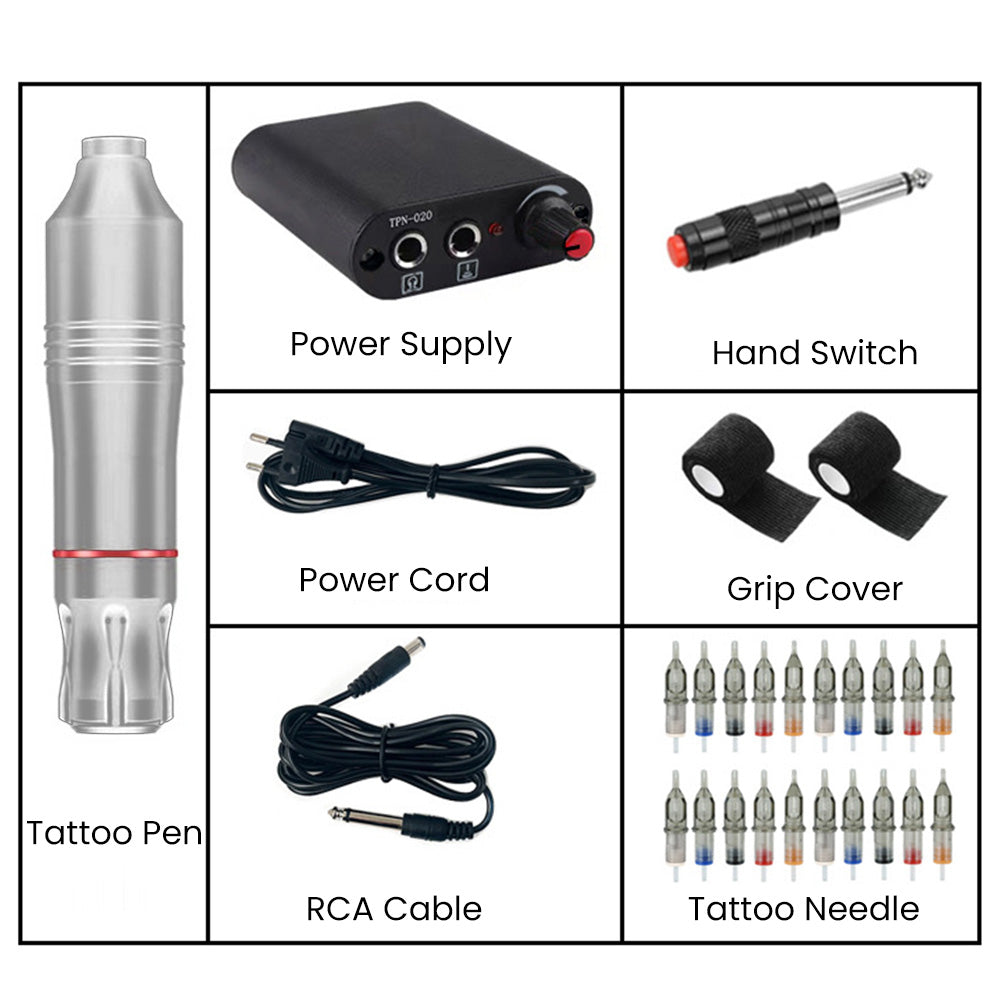 Tättoo Pen | Tättoo Machine Kit with Power Supply Clip Cord RCA Connector Wireless Tättoo | Pen Kit for Beginners | Silver
