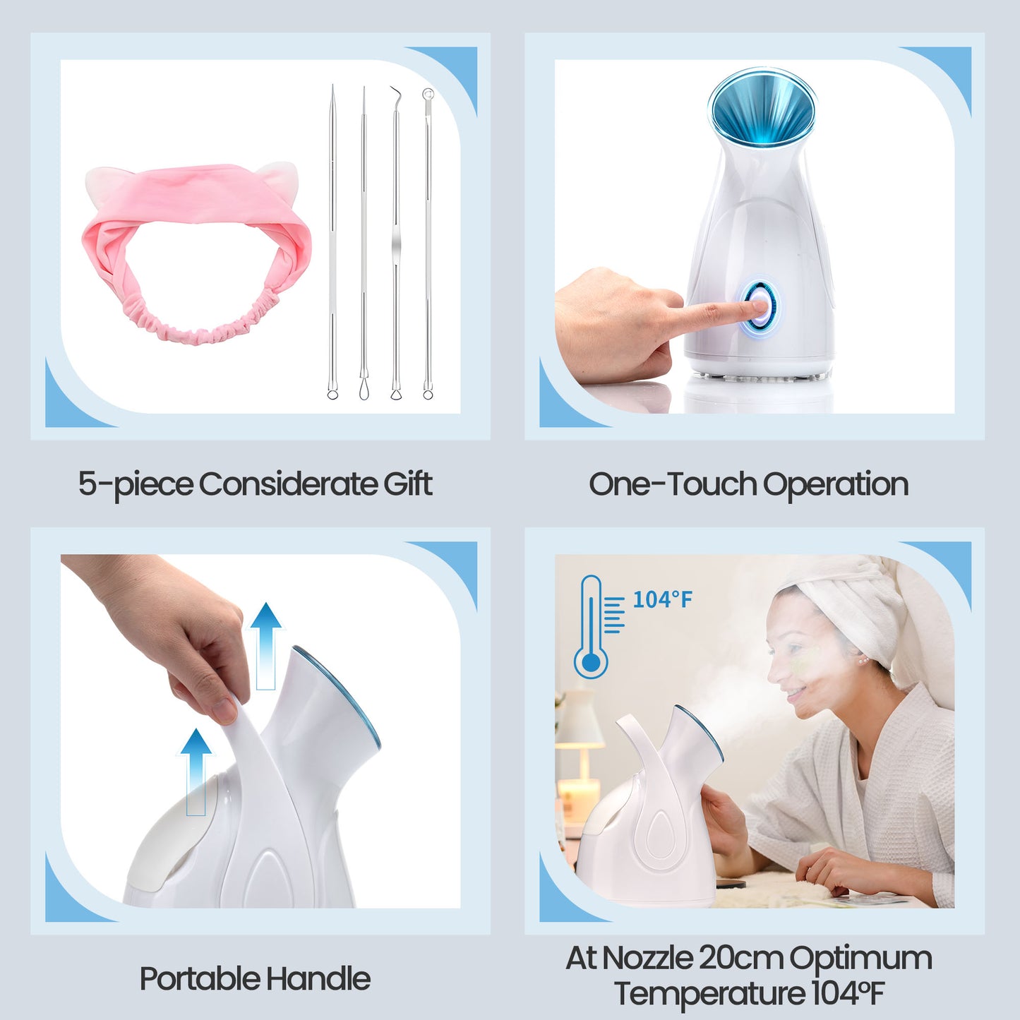 Ouwald Facial Steamer - Nano Ionic Face Steamer for Home Facial Spa Skin Deep Cleaning with 4Pcs Stainless Steel Skin Kit & Hair Band