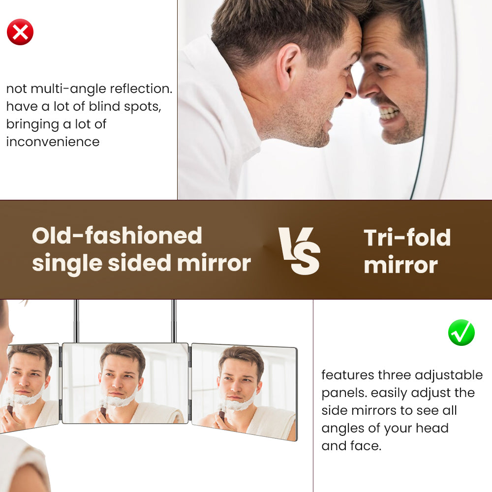 Ouwald 3 Way Mirror with LED Light, 360° 3 Way Trifold Haircut Mirror with Height Adjustable Telescoping Hooks for Makeup, Hair Styling, Shaving, Grooming, Dye Hair, Self Hair Cutting (Black)