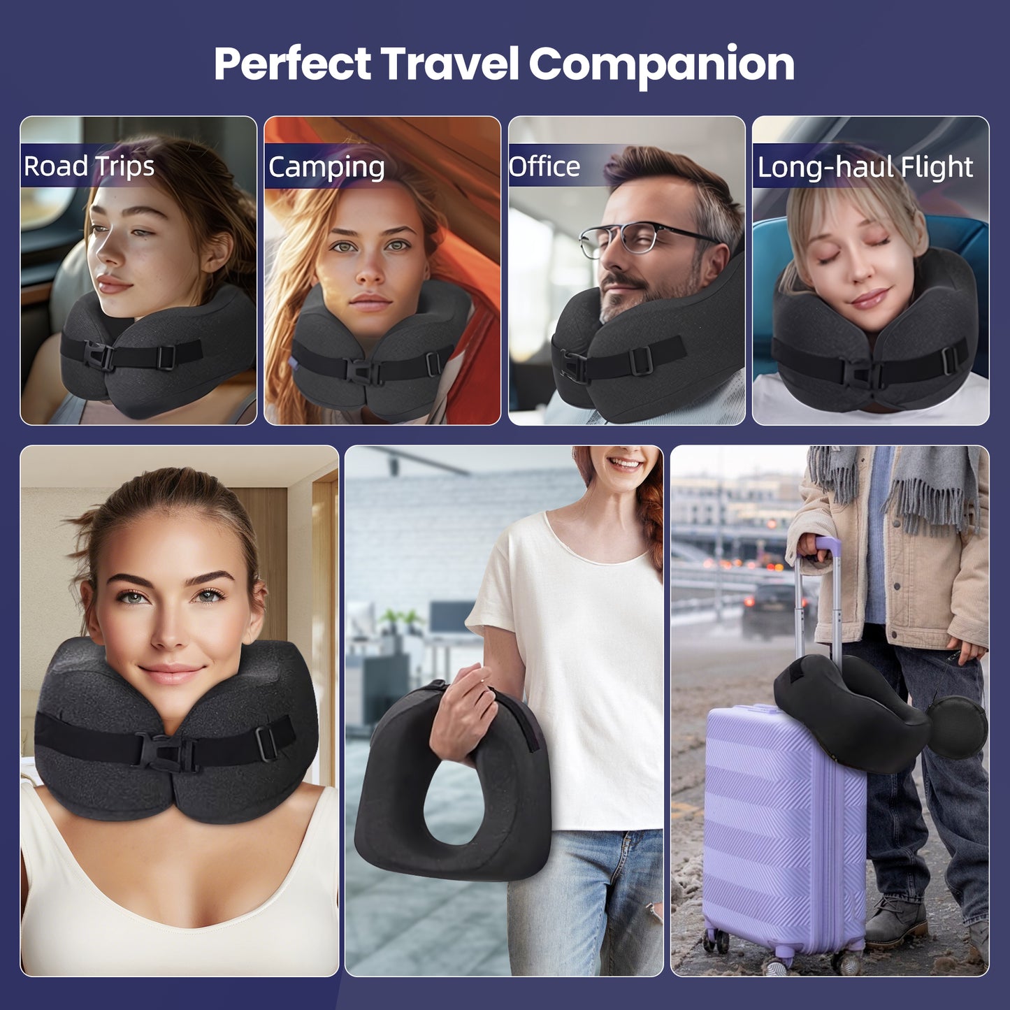 Ouwald Travel Pillow, Memory Foam Neck Pillow for Traveling, Comfortable Neck Support Airplane Pillow for Sleeping, Long Flight, Washable Cover, Black