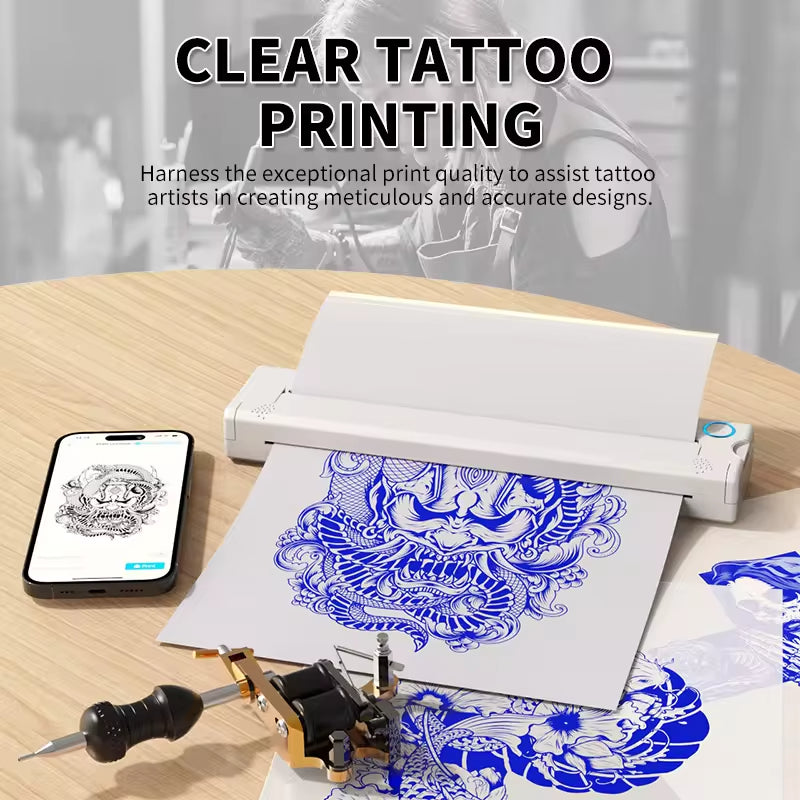 Wireless Tattoo Stencil Printer, A4 Portable Thermal Printer A4 Thermal Paper Wireless Mobile Travel Printer, Bluetooth Stencil Printer for Tattooing, Compatible with iOS, Android, Laptop Printer