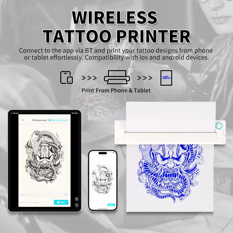 Wireless Tattoo Stencil Printer, A4 Portable Thermal Printer A4 Thermal Paper Wireless Mobile Travel Printer, Bluetooth Stencil Printer for Tattooing, Compatible with iOS, Android, Laptop Printer