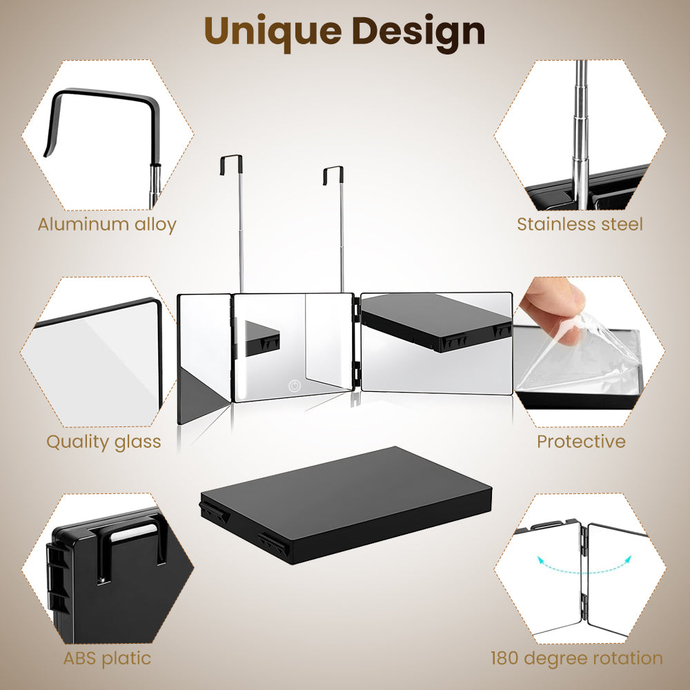 Ouwald 3 Way Mirror with LED Light, 360° 3 Way Trifold Haircut Mirror with Height Adjustable Telescoping Hooks for Makeup, Hair Styling, Shaving, Grooming, Dye Hair, Self Hair Cutting (Black)