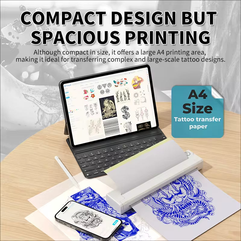 Wireless Tattoo Stencil Printer, A4 Portable Thermal Printer A4 Thermal Paper Wireless Mobile Travel Printer, Bluetooth Stencil Printer for Tattooing, Compatible with iOS, Android, Laptop Printer