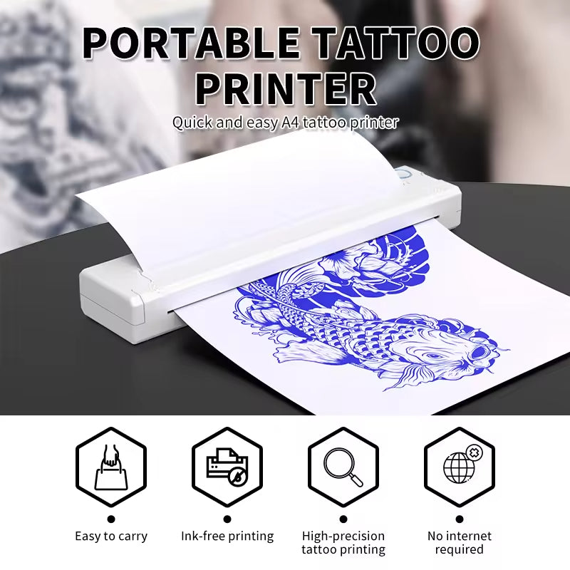 Wireless Tattoo Stencil Printer, A4 Portable Thermal Printer A4 Thermal Paper Wireless Mobile Travel Printer, Bluetooth Stencil Printer for Tattooing, Compatible with iOS, Android, Laptop Printer
